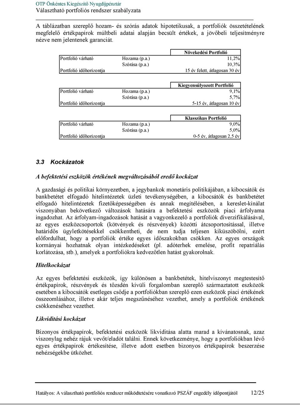 a.) 9,1% Szórása (p.a.) 5,7% Portfolió időhorizontja 5-15 év, átlagosan 10 év Klasszikus Portfolió Portfolió várható Hozama (p.a.) 9,0% Szórása (p.a.) 5,0% Portfolió időhorizontja 0-5 év, átlagosan 2,5 év 3.