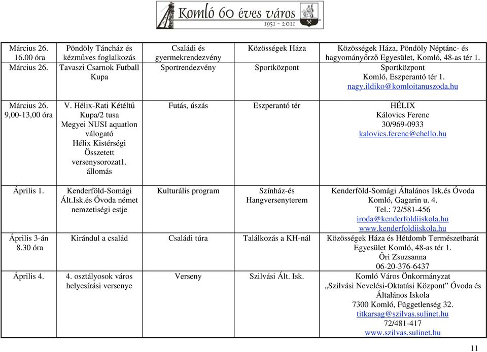 állomás Családi és gyermekrendezvény Közösségek Háza Közösségek Háza, Pöndöly Néptánc- és hagyomány rz Egyesület, Sportrendezvény Sportközpont Sportközpont Komló, Eszperantó tér 1. nagy.