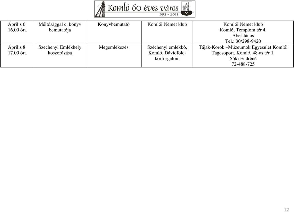 Komlói Német klub Komló, Templom tér 4. Ábel János Tel.