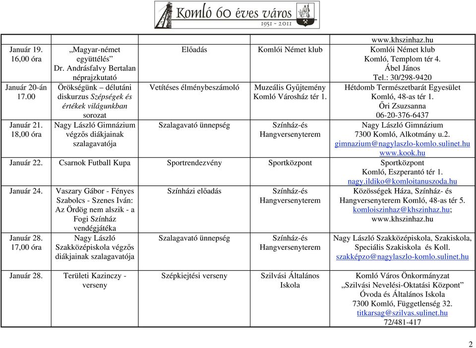 klub Komló, Templom tér 4. Ábel János Tel.: 30/298-9420 Vetítéses élménybeszámoló Muzeális Gy jtemény Hétdomb Természetbarát Egyesület Komló Városház tér 1.