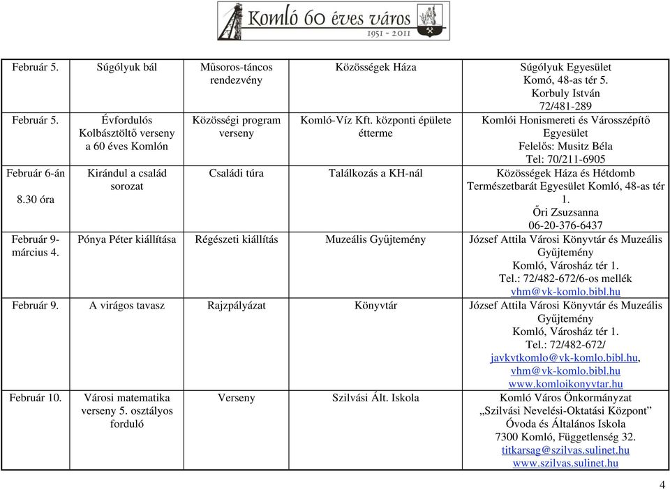 Korbuly István 72/481-289 Komlói Honismereti és Városszépít Egyesület Felel s: Musitz Béla Tel: 70/211-6905 Családi túra Találkozás a KH-nál Közösségek Háza és Hétdomb Természetbarát Egyesület Komló,