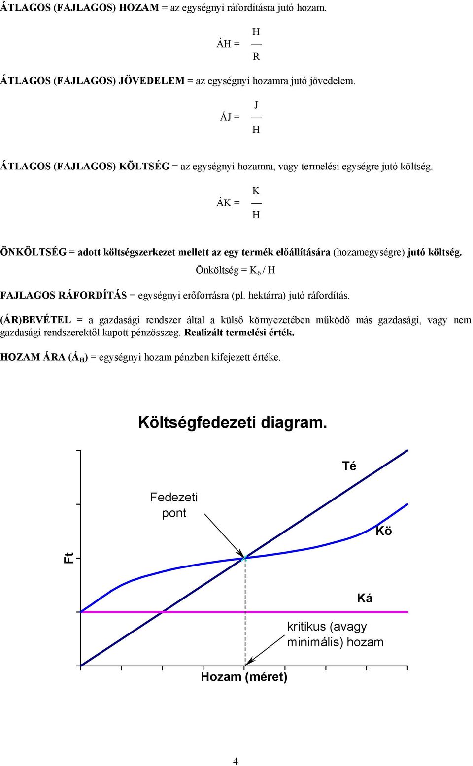 K ÁK = H ÖNKÖLTSÉG = adott költségszerkezet mellett az egy termék előállítására (hozamegységre) jutó költség. Önköltség = K ö / H FAJLAGOS RÁFORDÍTÁS = egységnyi erőforrásra (pl.