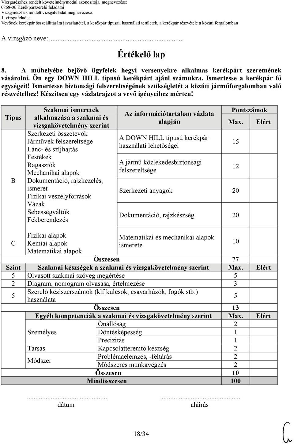 Típus B Szakmai ismeretek alkalmazása a szakmai és vizsgakövetelmény szerint Szerkezeti összetevők Járművek felszereltsége Lánc- és szíjhajtás Festékek Ragasztók Mechanikai alapok Dokumentáció,