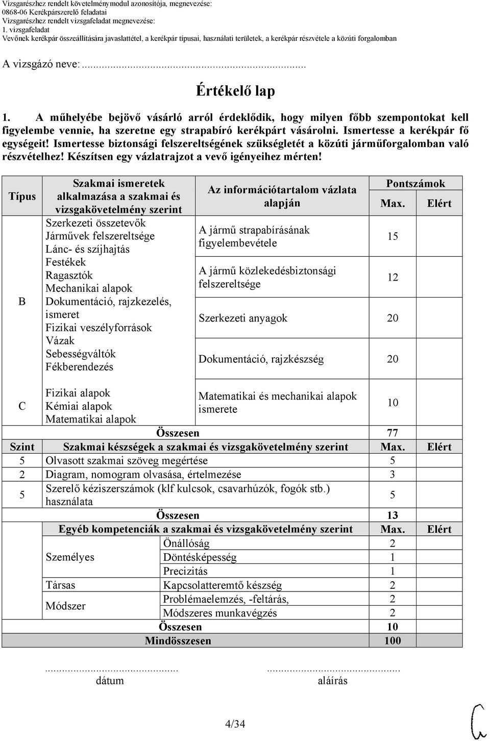 Típus B Szakmai ismeretek alkalmazása a szakmai és vizsgakövetelmény szerint Szerkezeti összetevők Járművek felszereltsége Lánc- és szíjhajtás Festékek Ragasztók Mechanikai alapok Dokumentáció,