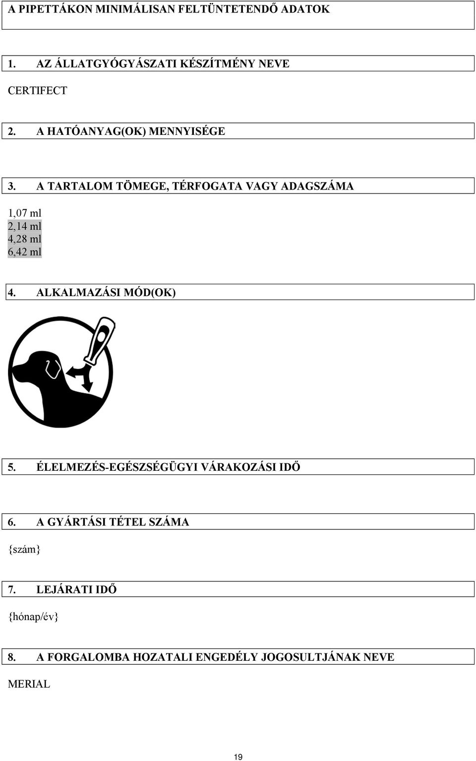 A TARTALOM TÖMEGE, TÉRFOGATA VAGY ADAGSZÁMA 1,07 ml 2,14 ml 4,28 ml 6,42 ml 4.