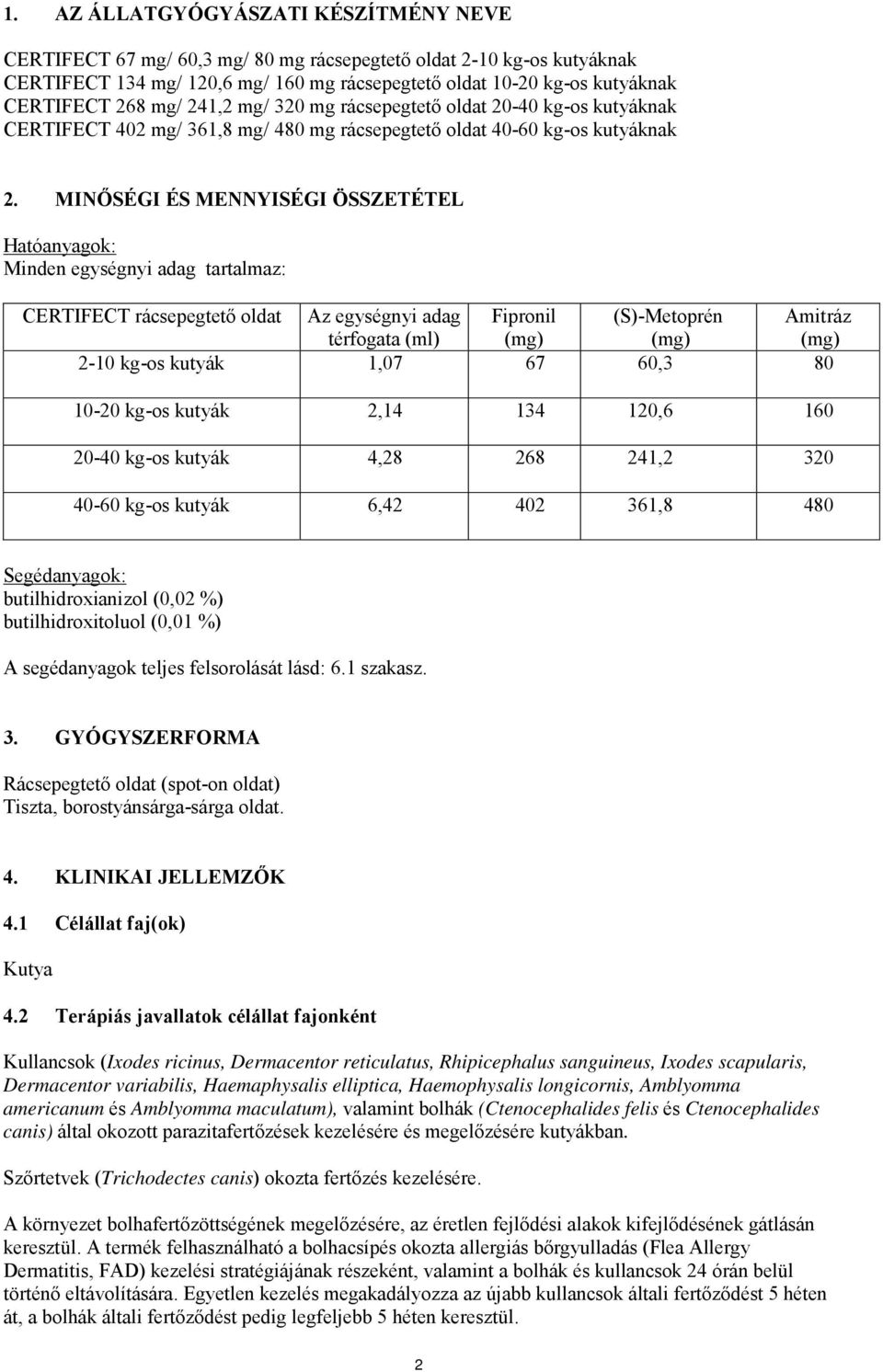 MINŐSÉGI ÉS MENNYISÉGI ÖSSZETÉTEL Hatóanyagok: Minden egységnyi adag tartalmaz: CERTIFECT rácsepegtető oldat Az egységnyi adag Fipronil (S)-Metoprén Amitráz térfogata (ml) (mg) (mg) (mg) 2-10 kg-os