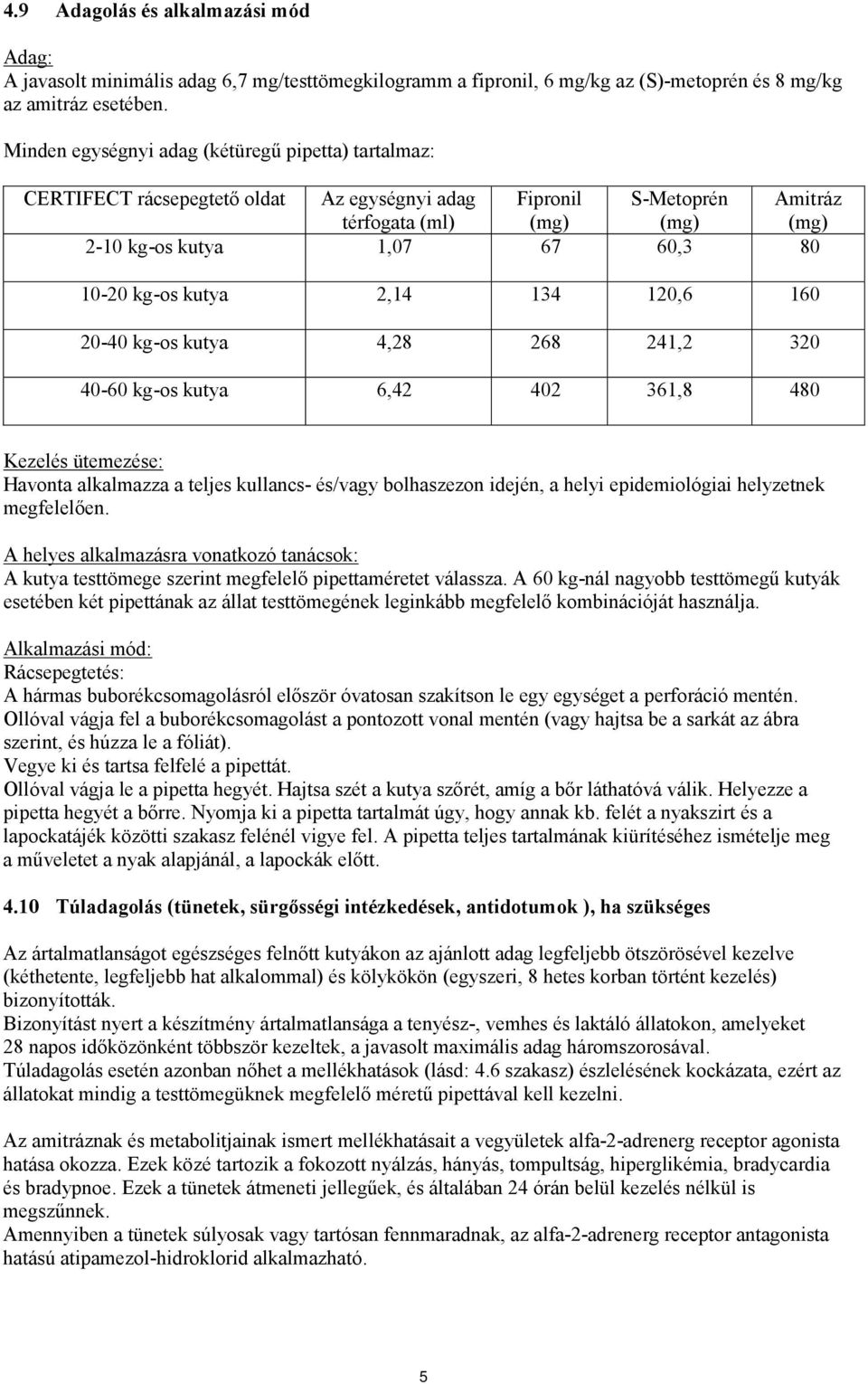 kg-os kutya 2,14 134 120,6 160 20-40 kg-os kutya 4,28 268 241,2 320 40-60 kg-os kutya 6,42 402 361,8 480 Kezelés ütemezése: Havonta alkalmazza a teljes kullancs- és/vagy bolhaszezon idején, a helyi