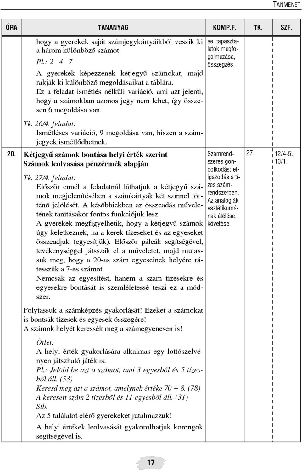 feladat: Ismétléses variáció, 9 megoldása van, hiszen a számjegyek ismétlõdhetnek. 20. Kétjegyû számok bontása helyi érték szerint Számok leolvasása pénzérmék alapján Tk. 27/4.