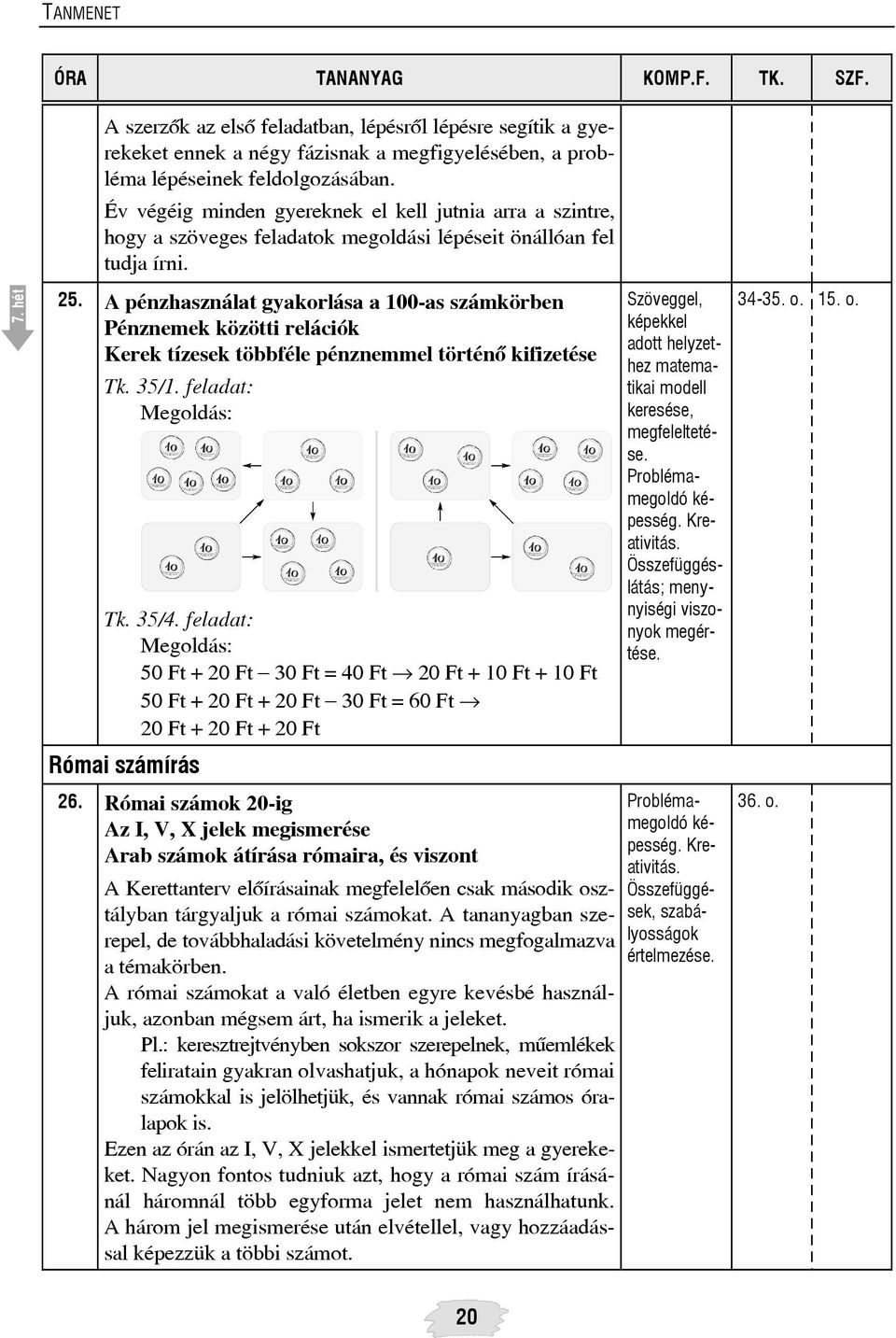 A pénzhasználat gyakorlása a 100-as számkörben Pénznemek közötti relációk Kerek tízesek többféle pénznemmel történõ kifizetése Tk. 35/1. feladat: Megoldás: Tk. 35/4.