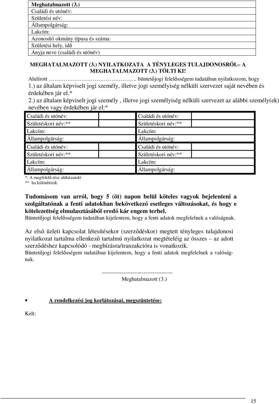 ) az általam képviselt jogi személy, illetve jogi személyiség nélküli szervezet az alábbi személy(ek) nevében vagy érdekében jár el:* *: A megfelelő rész aláhúzandó ** ha különbözik Tudomásom van