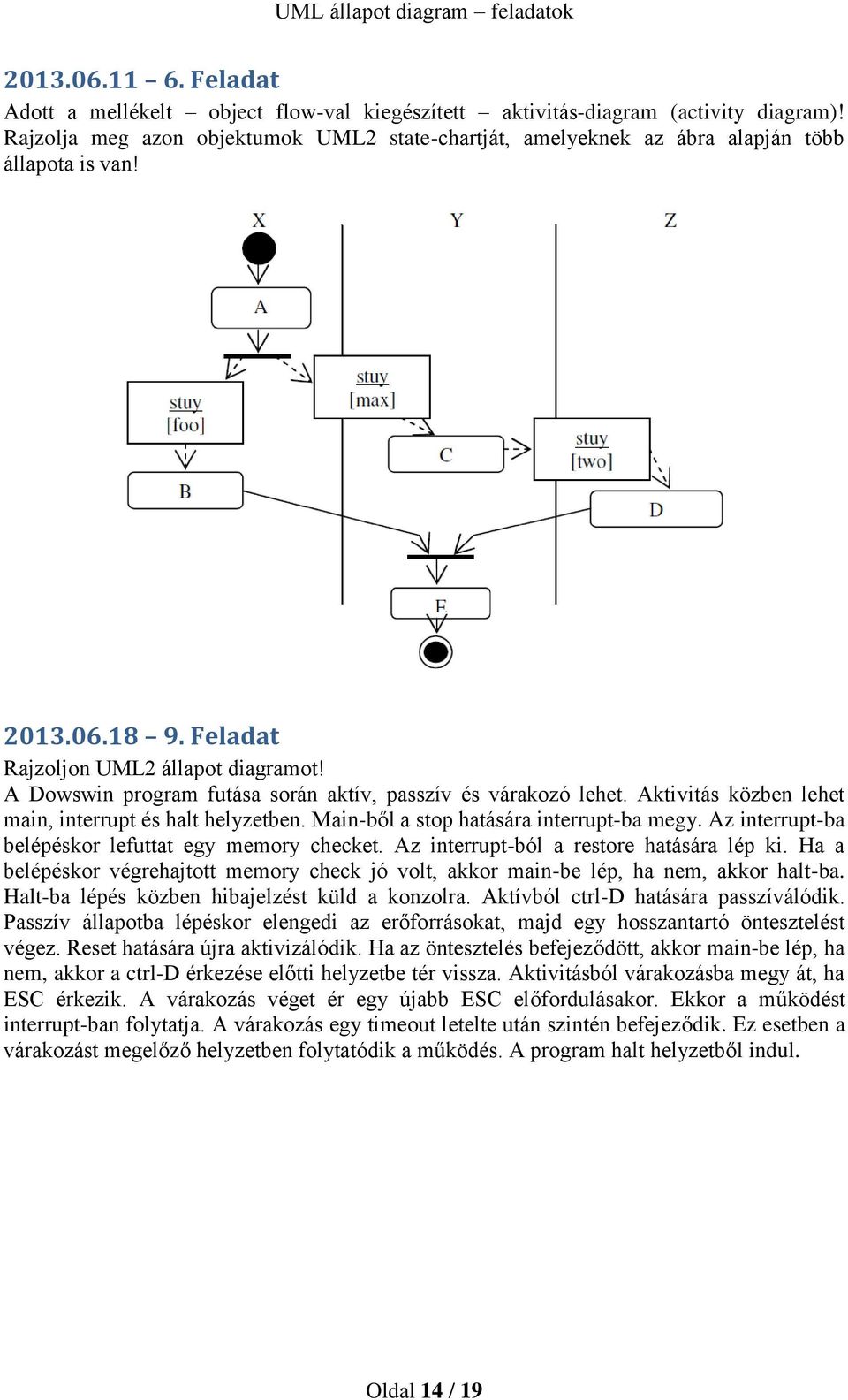 A Dowswin program futása során aktív, passzív és várakozó lehet. Aktivitás közben lehet main, interrupt és halt helyzetben. Main-ből a stop hatására interrupt-ba megy.