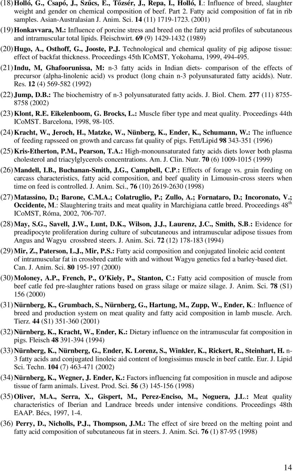: Influence of porcine stress and breed on the fatty acid profiles of subcutaneous and intramuscular total lipids. Fleischwirt. 69 (9) 1429-1432 (1989) (20) Hugo, A., Osthoff, G., Jo