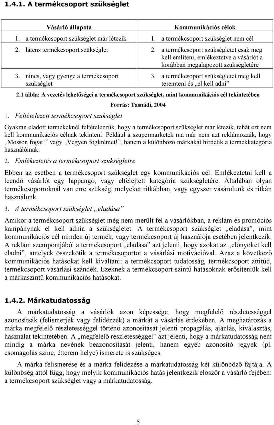 a termékcsoport szükségletet meg kell teremteni és el kell adni 2.1 tábla: A vezetés lehetőségei a termékcsoport szükséglet, mint kommunikációs cél tekintetében 1.