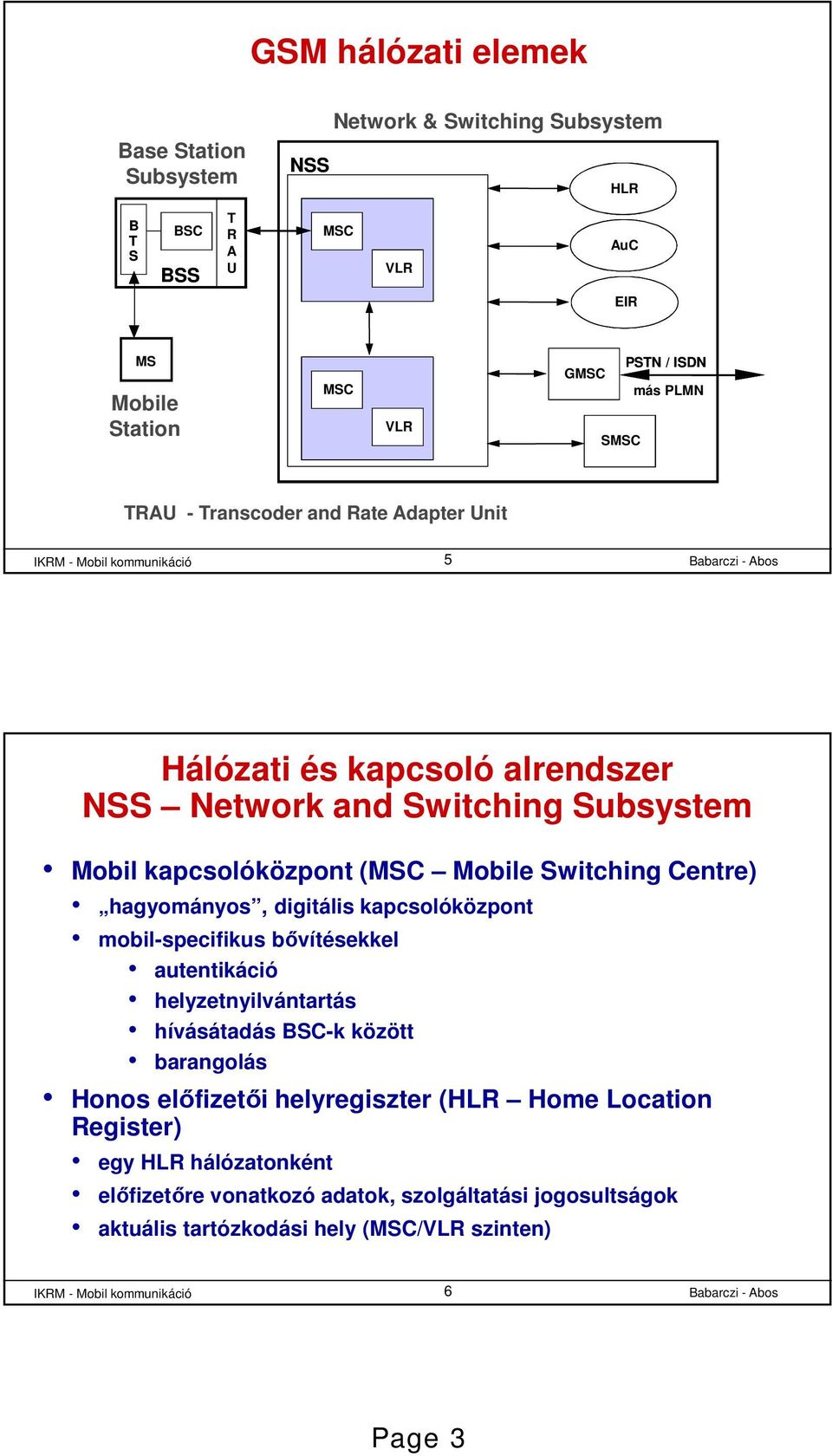Centre) hagyományos, digitális kapcsolóközpont mobil-specifikus bővítésekkel autentikáció helyzetnyilvántartás hívásátadás BSC-k között barangolás Honos előfizetői