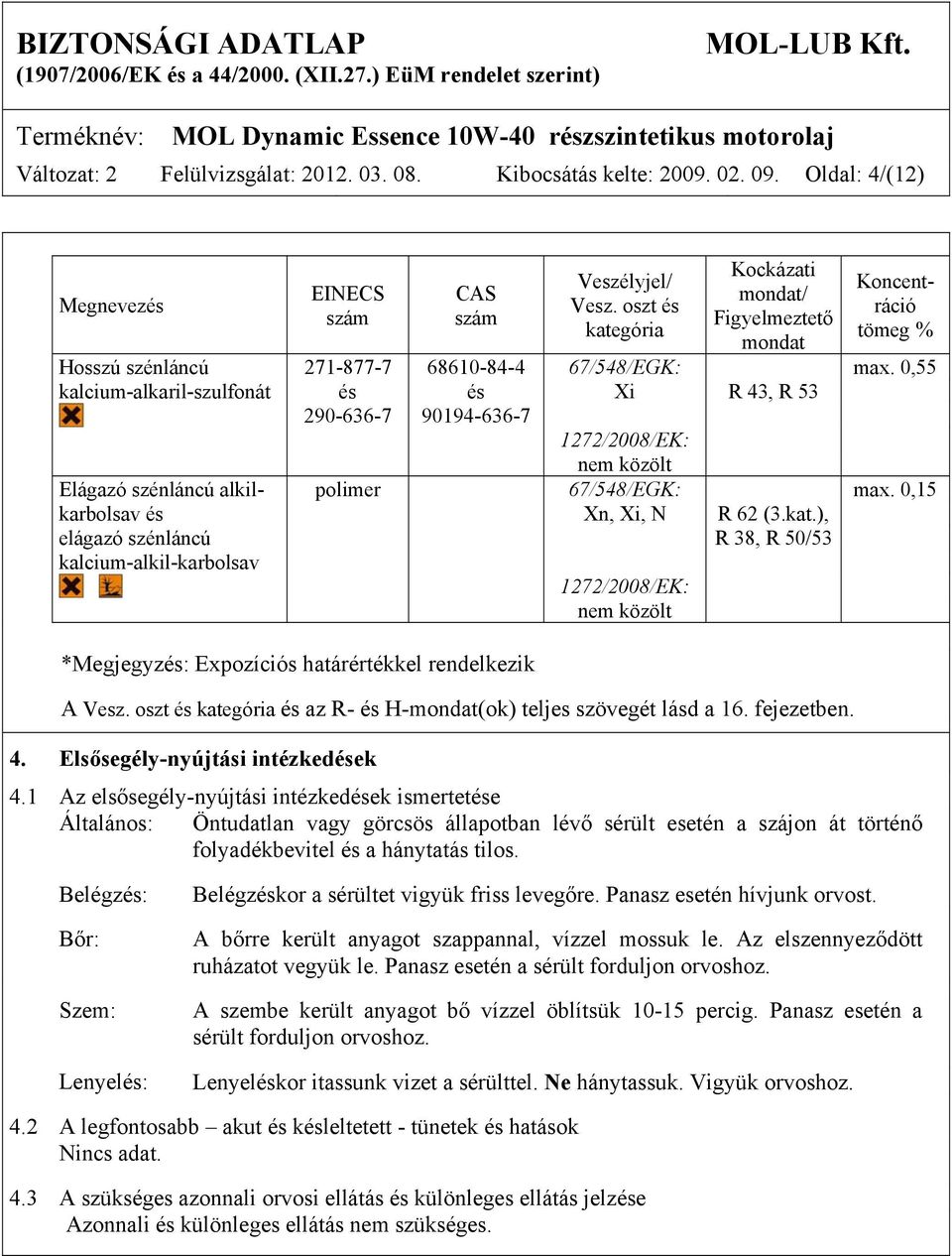 0,55 kalcium-alkaril-szulfonát és és Xi R 43, R 53 290-636-7 90194-636-7 1272/2008/EK: nem közölt Elágazó szénláncú alkil- polimer 67/548/EGK: max. 0,15 karbolsav és Xn, Xi, N R 62 (3.kat.