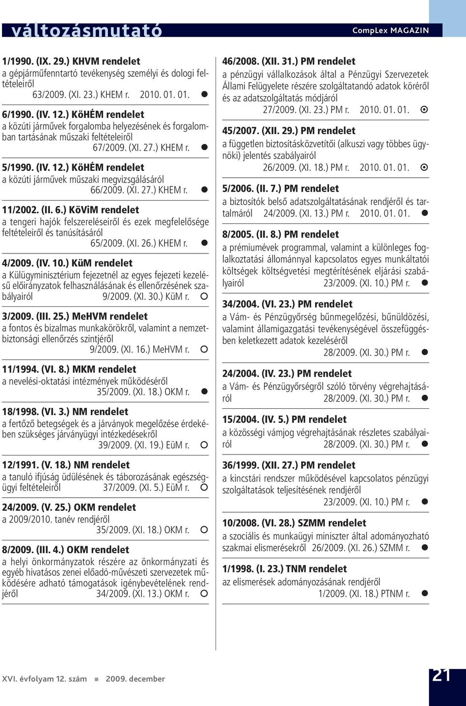 ) KöHÉM rendelet a közúti járművek műszaki megvizsgálásáról 66/2009. (XI. 27.) KHEM r. 11/2002. (II. 6.) KöViM rendelet a tengeri hajók felszereléseiről és ezek megfelelősége feltételeiről és tanúsításáról 65/2009.