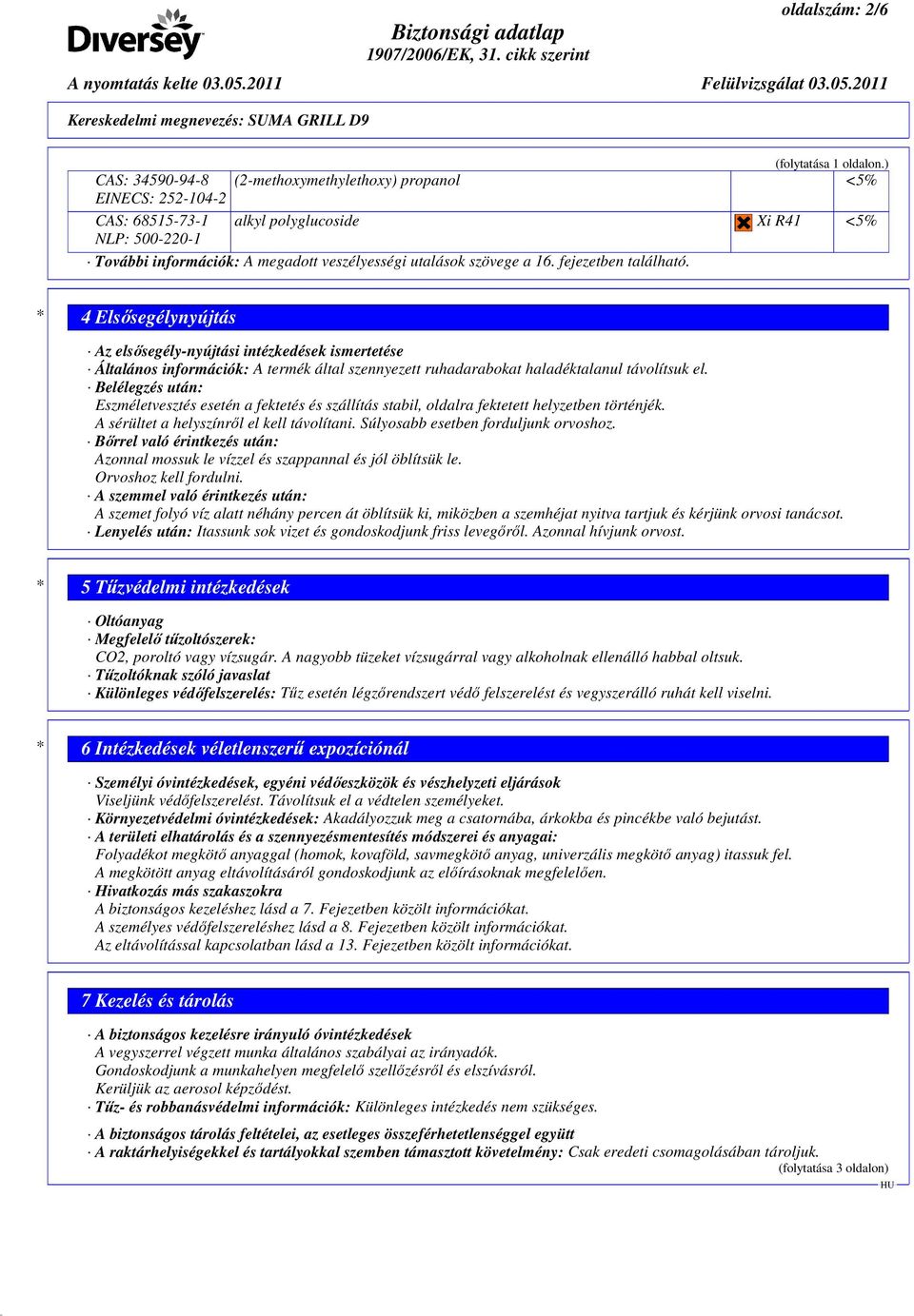 * 4 Elsısegélynyújtás Az elsısegély-nyújtási intézkedések ismertetése Általános információk: A termék által szennyezett ruhadarabokat haladéktalanul távolítsuk el.
