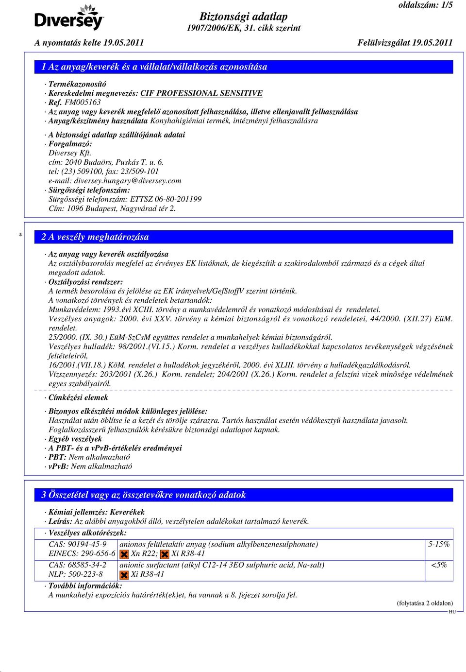 adatlap szállítójának adatai Forgalmazó: Diversey Kft. cím: 2040 Budaörs, Puskás T. u. 6. tel: (23) 509100, fax: 23/509-101 e-mail: diversey.hungary@diversey.