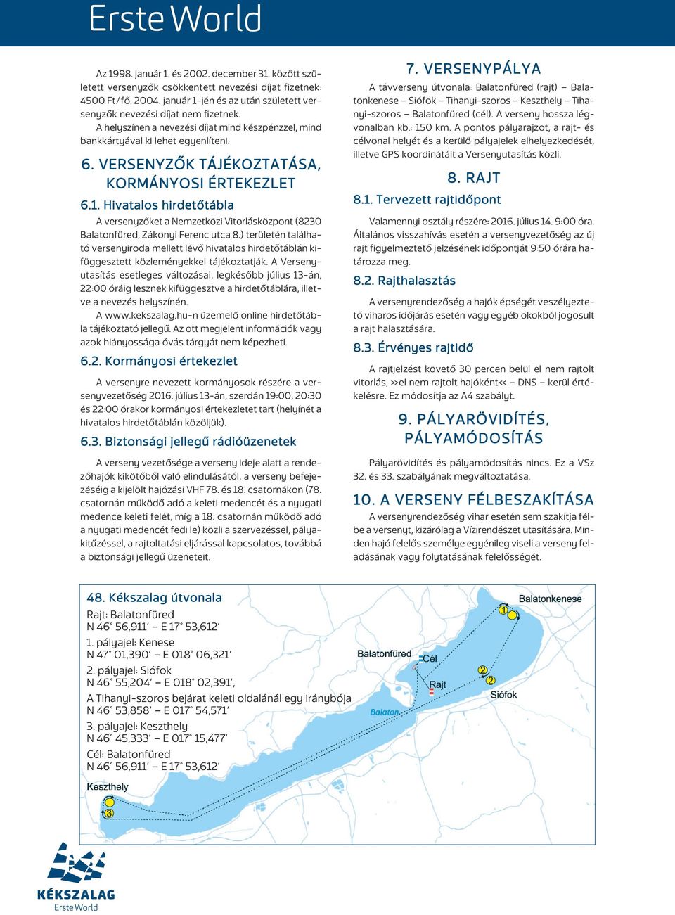 Hivatalos hirdetôtábla A versenyzôket a Nemzetközi Vitorlásközpont (8230 Balatonfüred, Zákonyi Ferenc utca 8.
