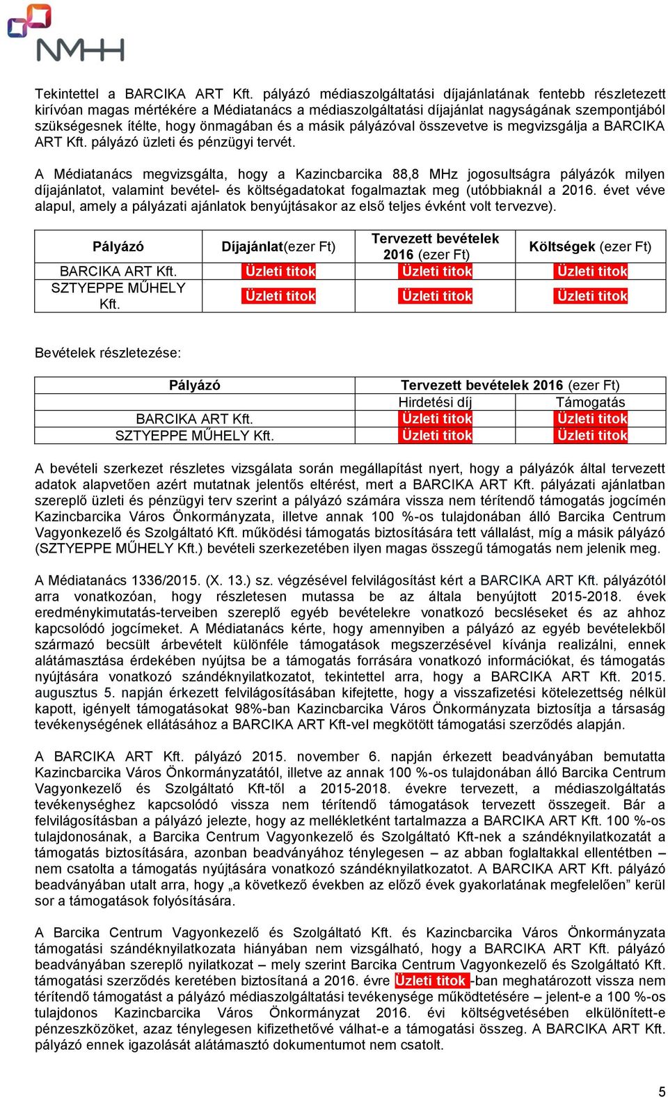 a másik pályázóval összevetve is megvizsgálja a BARCIKA ART Kft. pályázó üzleti és pénzügyi tervét.
