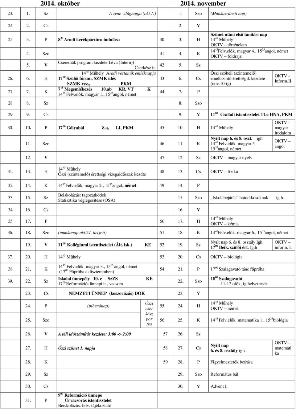 , 15 35 angol, német 42 5. Sz 43 6. Cs 44 7. P 28 8. Sz 8. Szo Szünet utáni első tanítási nap OKTV történelem 14 45 Felv.elők. magyar 4.