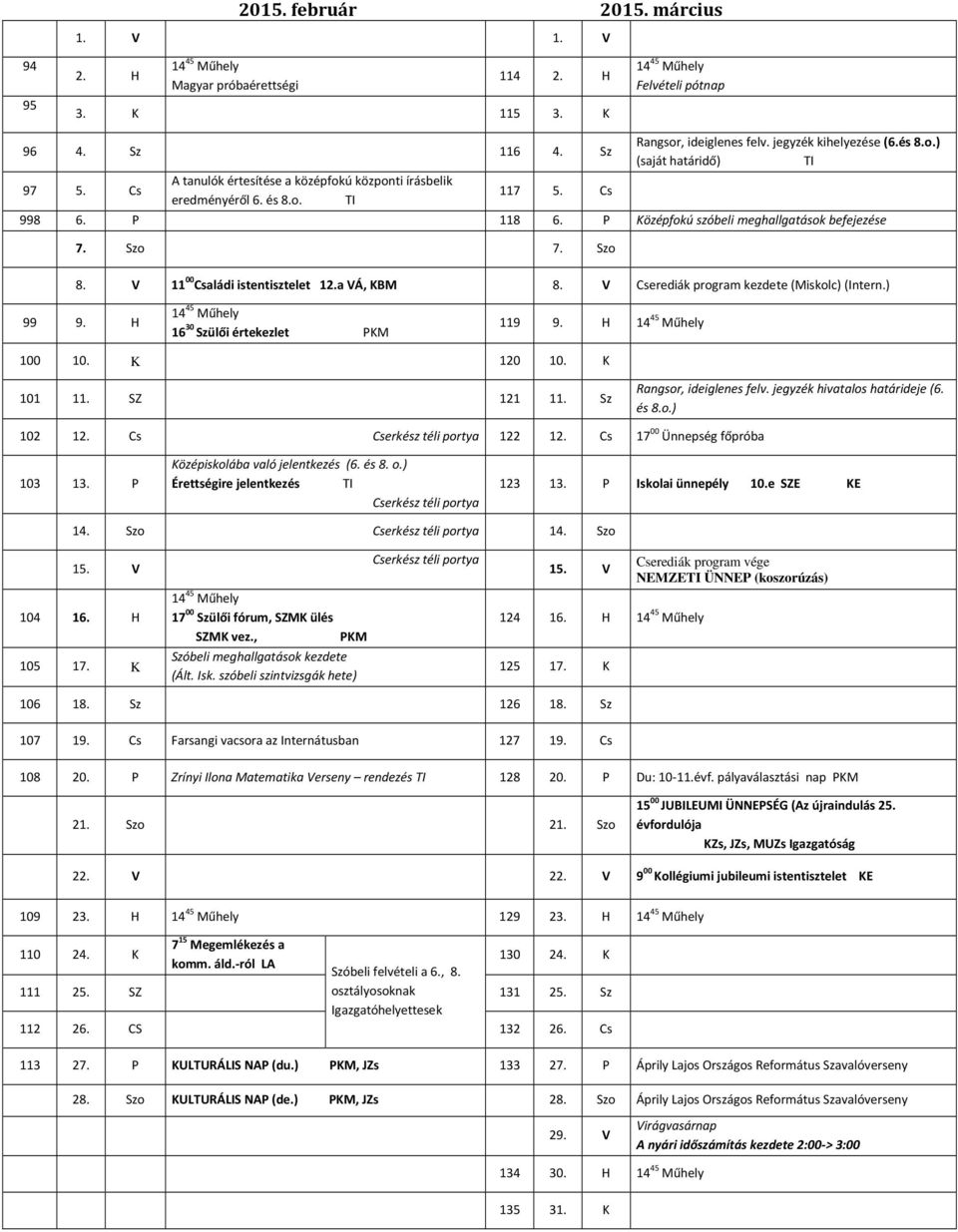 P Középfokú szóbeli meghallgatások befejezése 7. Szo 7. Szo 8. V 11 00 Családi istentisztelet 12.a VÁ, KBM 8. V Cserediák program kezdete (Miskolc) (Intern.) 99 9. H 16 30 Szülői értekezlet 119 9.