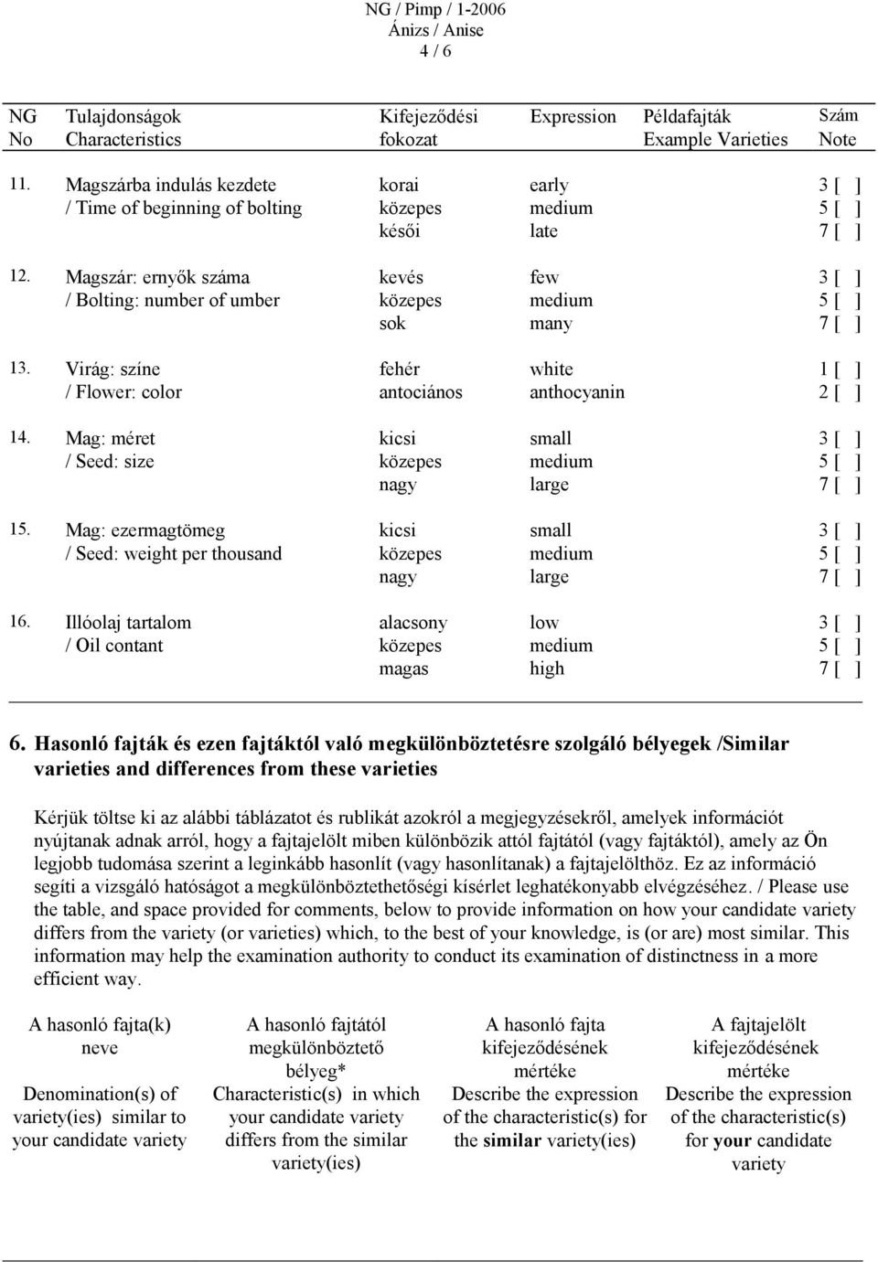 Magszár: ernyők száma kevés few 3 [ ] / Bolting: number of umber közepes medium 5 [ ] sok many 7 [ ] 13. Virág: színe fehér white 1 [ ] / Flower: color antociános anthocyanin 2 [ ] 14.