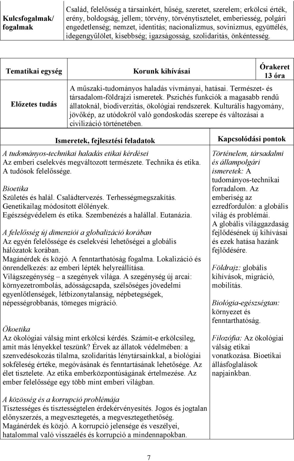 Tematikai egység Előzetes tudás Korunk kihívásai Órakeret 13 óra A műszaki-tudományos haladás vívmányai, hatásai. Természet- és társadalom-földrajzi ismeretek.