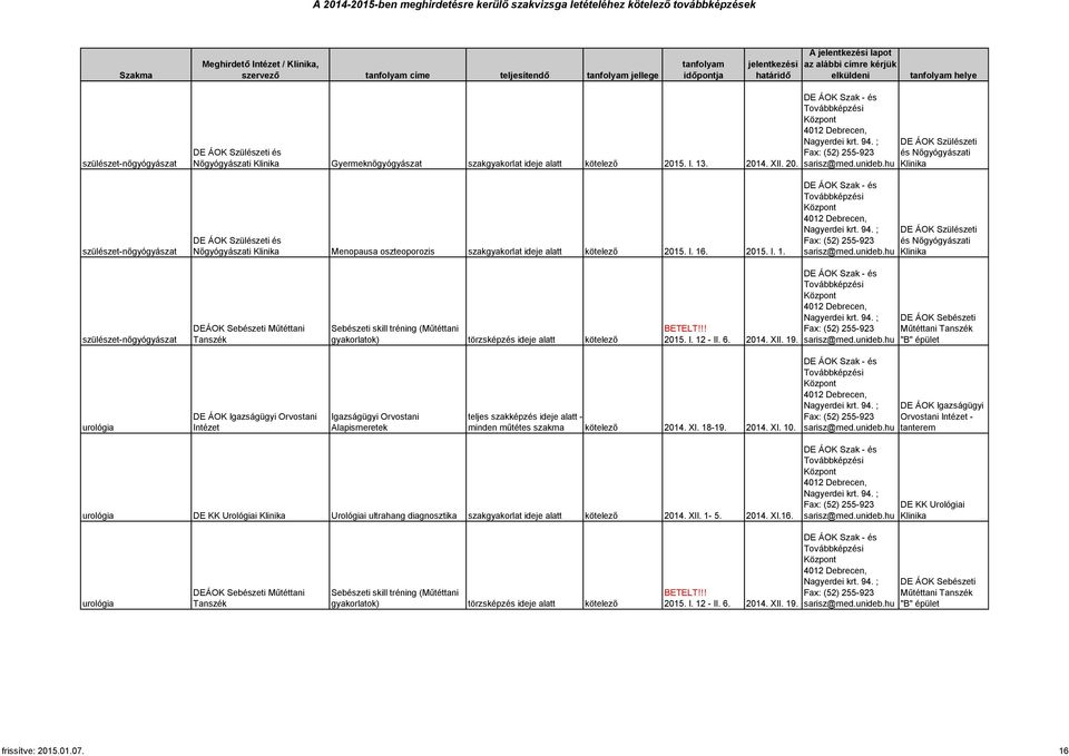 I. 12 - II. 6. 2014. XII. 19. Műtéttani urológia DE ÁOK Orvostani - urológia Urológiai Urológiai ultrahang diagnosztika szakgyakorlat ideje alatt kötelező 2014. XII. 1-5.