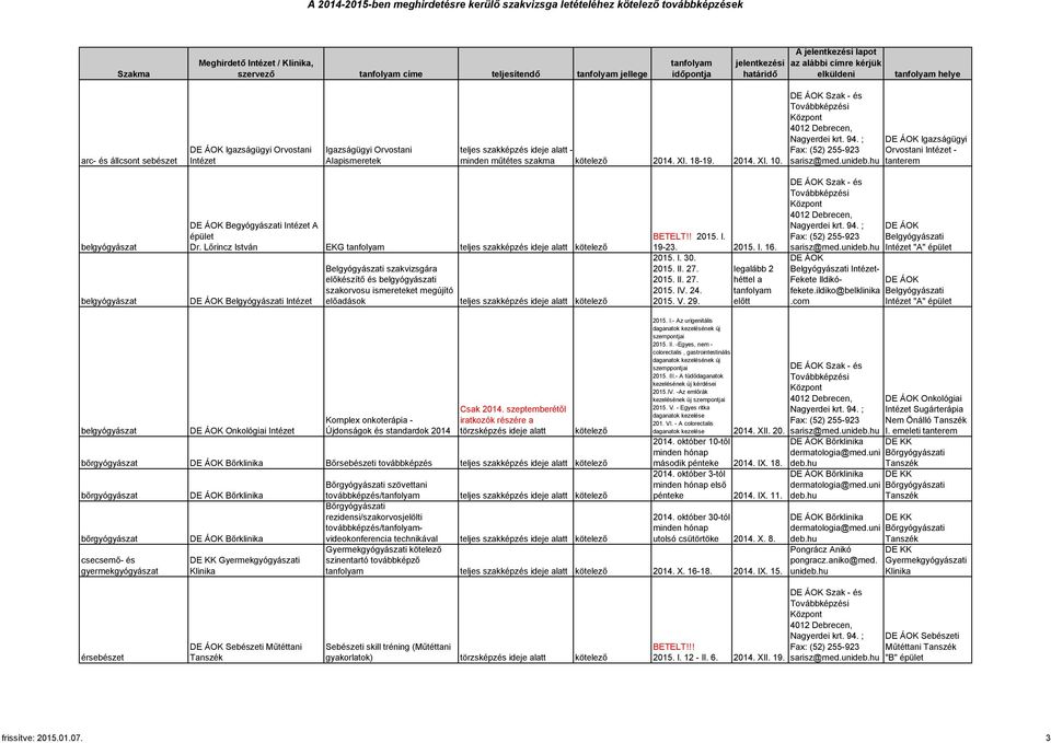 ideje alatt kötelező BETELT!! 2015. I. 19-23. 2015. I. 16. 2015. I. 30. 2015. II. 27. legalább 2 2015. II. 27. a 2015. IV. 24. 2015. V. 29.