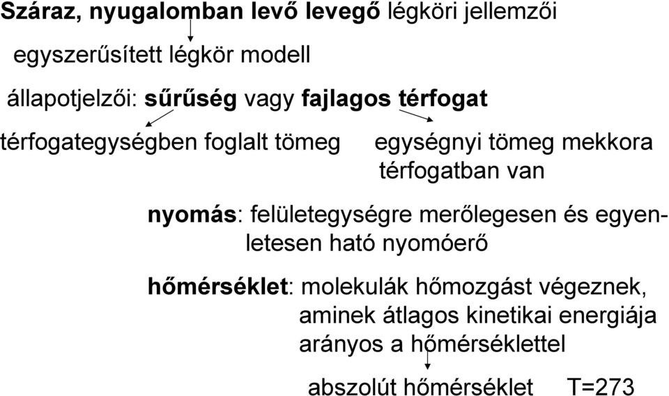 térfogatban van nyomás: felületegységre merőlegesen és egyenletesen ható nyomóerő hőmérséklet: