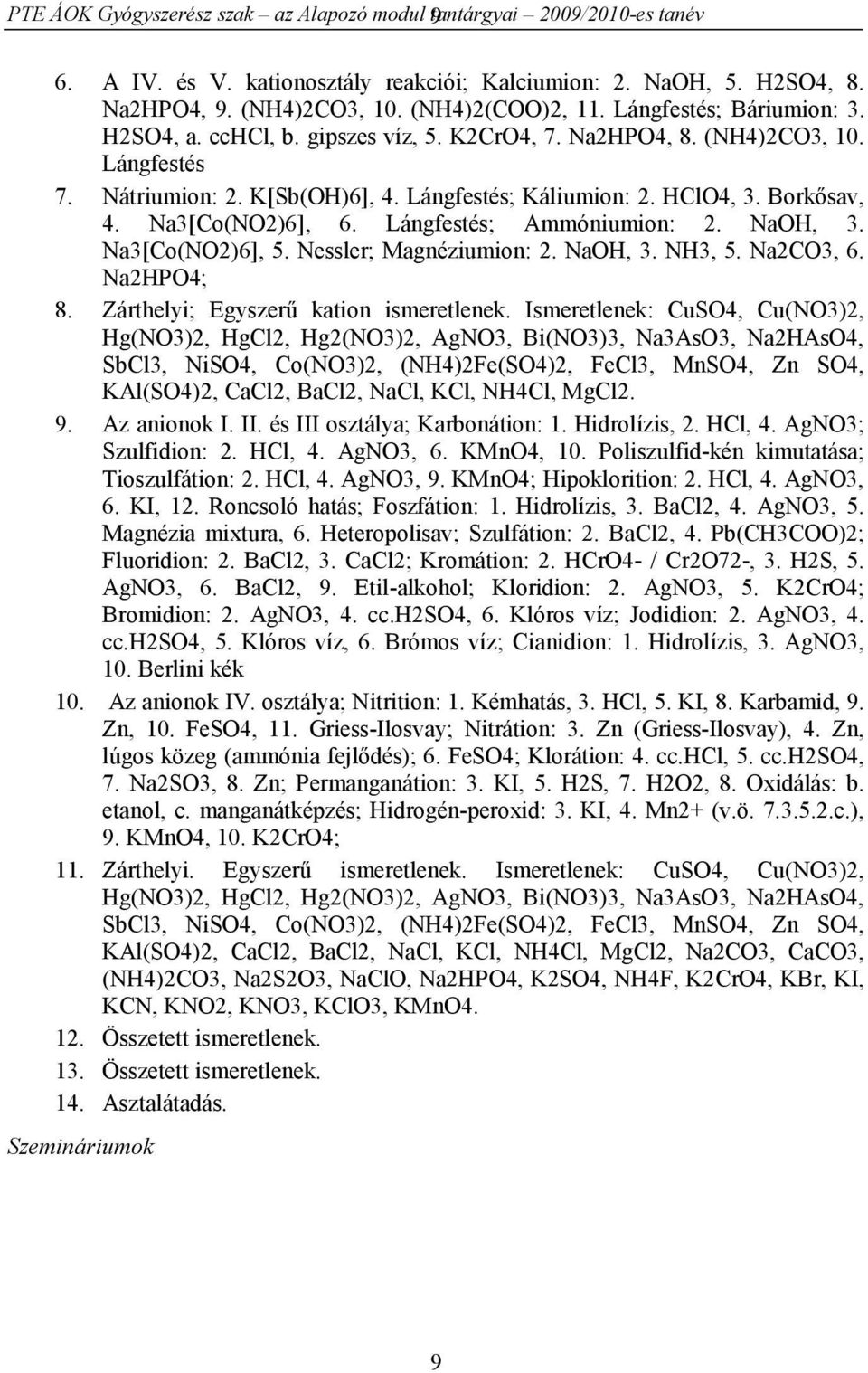 Na3[Co(NO2)6], 6. Lángfestés; Ammóniumion: 2. NaOH, 3. Na3[Co(NO2)6], 5. Nessler; Magnéziumion: 2. NaOH, 3. NH3, 5. Na2CO3, 6. Na2HPO4; 8. Zárthelyi; Egyszerű kation ismeretlenek.
