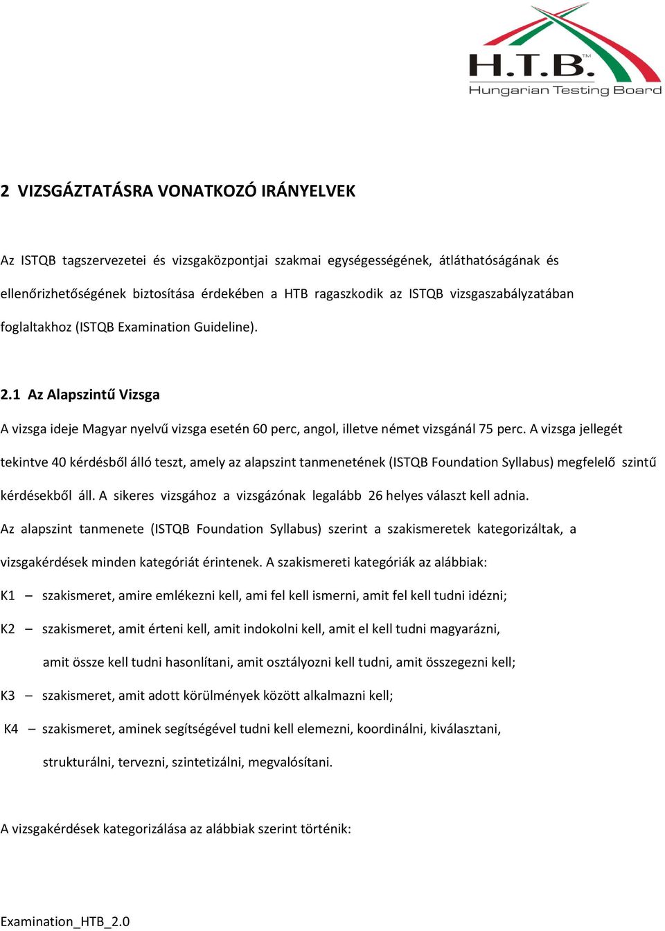 A vizsga jellegét tekintve 40 kérdésből álló teszt, amely az alapszint tanmenetének (ISTQB Foundation Syllabus) megfelelő szintű kérdésekből áll.
