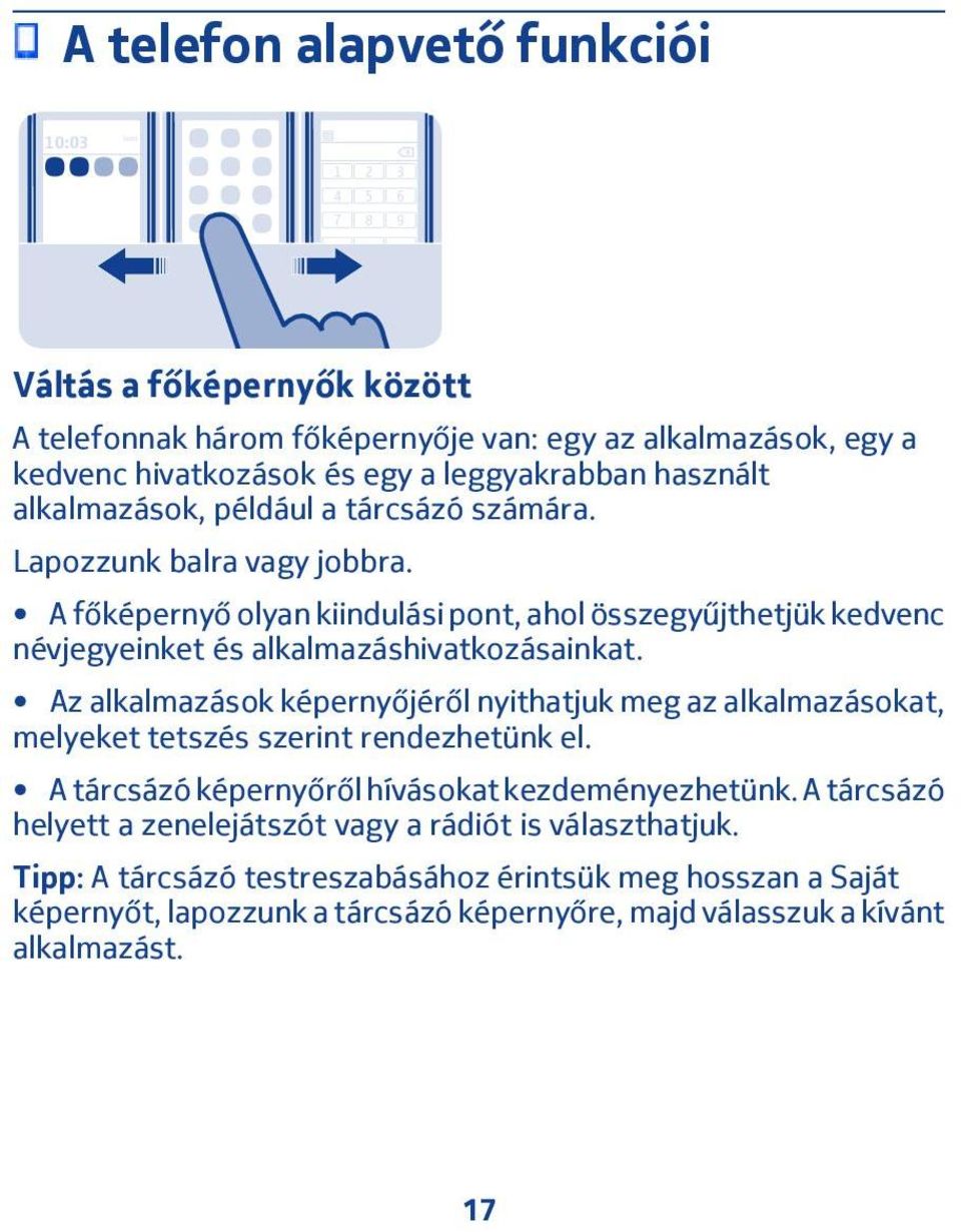 A főképernyő olyan kiindulási pont, ahol összegyűjthetjük kedvenc névjegyeinket és alkalmazáshivatkozásainkat.