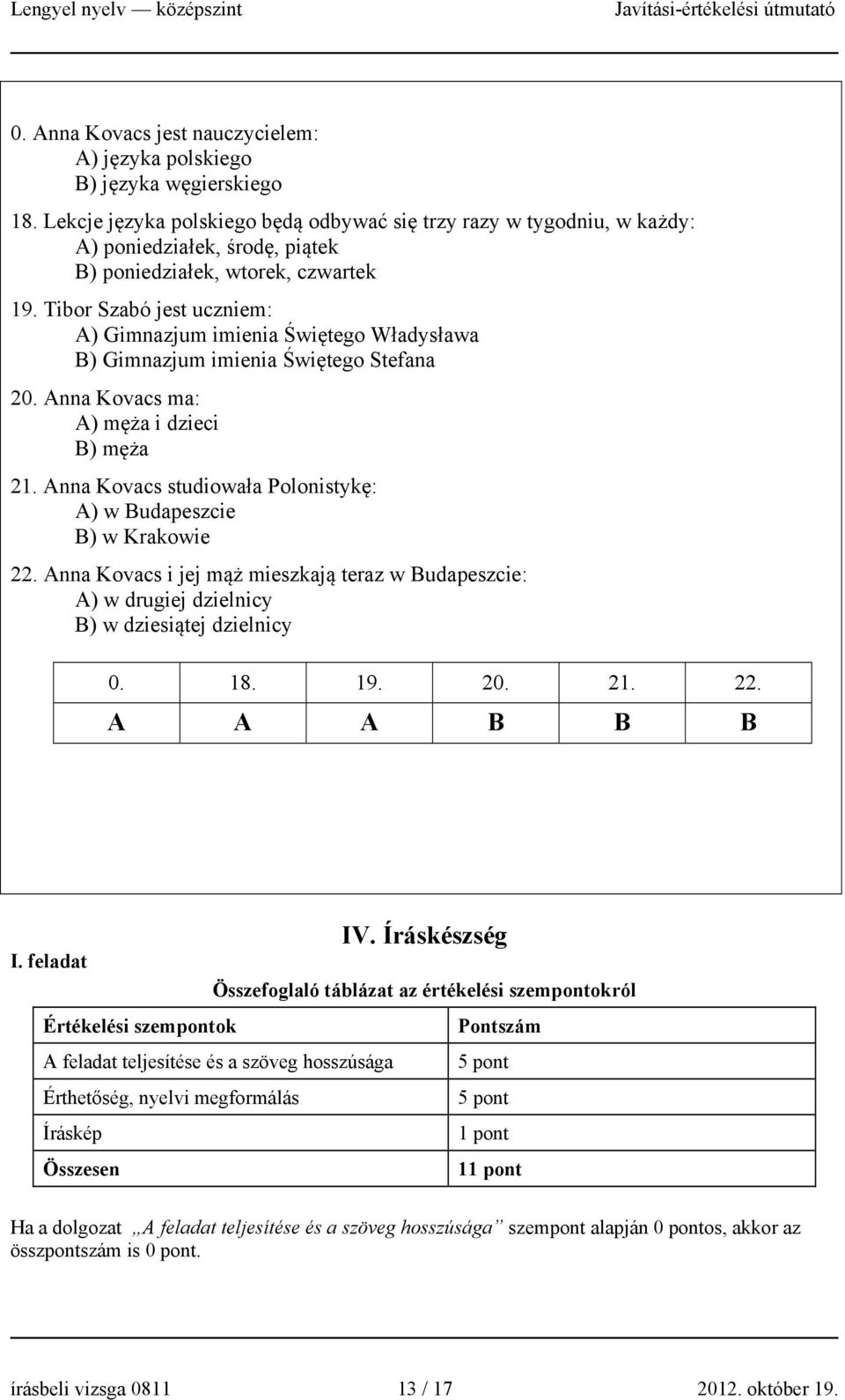 Tibor Szabó jest uczniem: A) Gimnazjum imienia Świętego Władysława B) Gimnazjum imienia Świętego Stefana 20. Anna Kovacs ma: A) męża i dzieci B) męża 21.