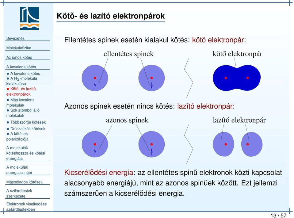 kötések polarizációja Azonos spinek esetén nincs kötés: lazító elektronpár: azonos spinek lazító elektronpár Kicserélődési energia: az
