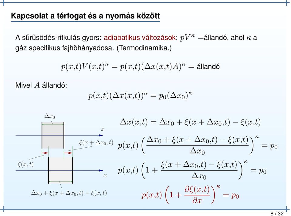 ) p(x,t)v (x,t) κ = p(x,t)( x(x,t)a) κ = állandó Mivel A állandó: p(x,t)( x(x,t)) κ = p 0 ( x 0 ) κ x 0 x ξ(x + x 0,t)