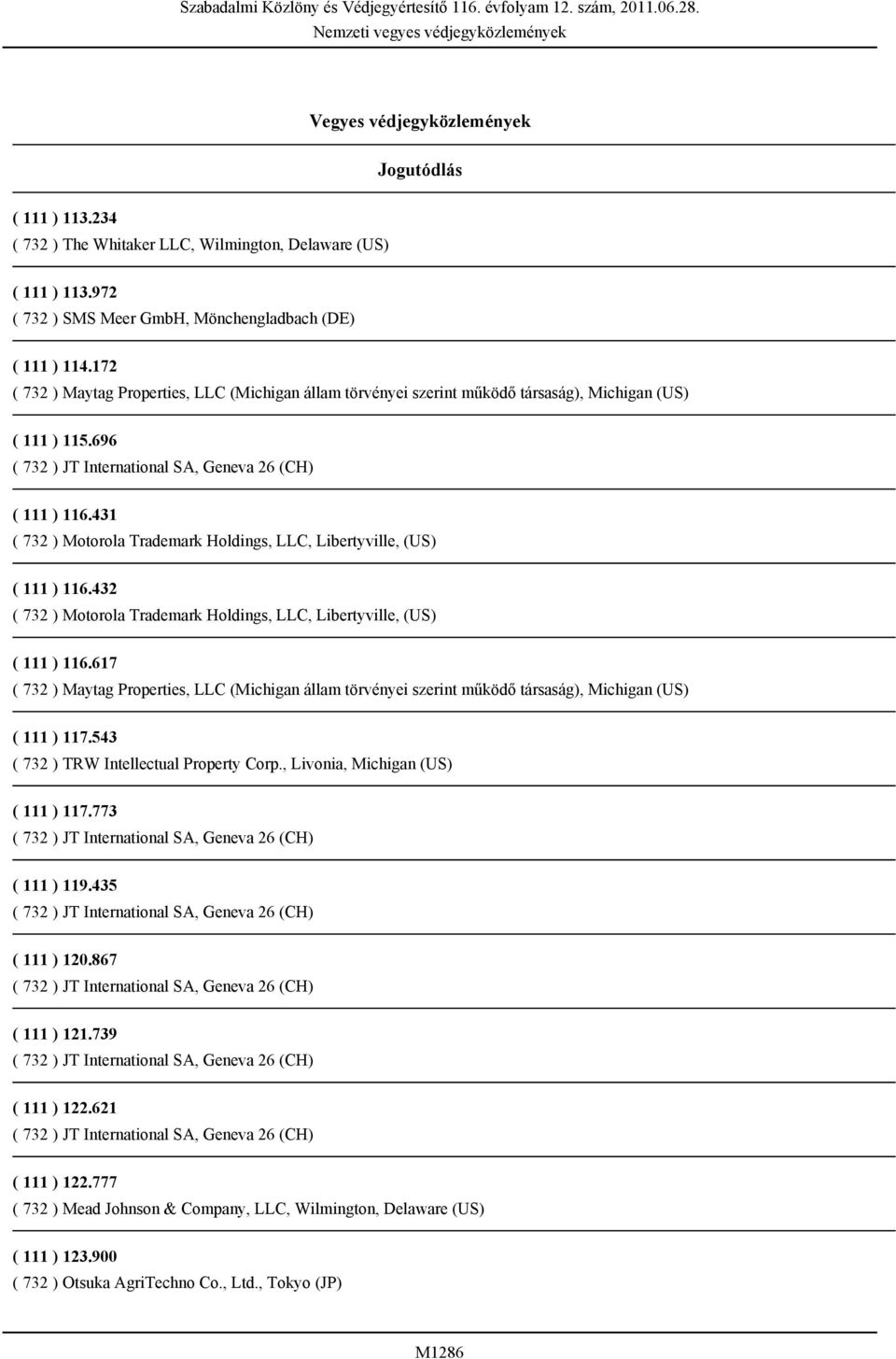 431 ( 732 ) Motorola Trademark Holdings, LLC, Libertyville, (US) ( 111 ) 116.432 ( 732 ) Motorola Trademark Holdings, LLC, Libertyville, (US) ( 111 ) 116.