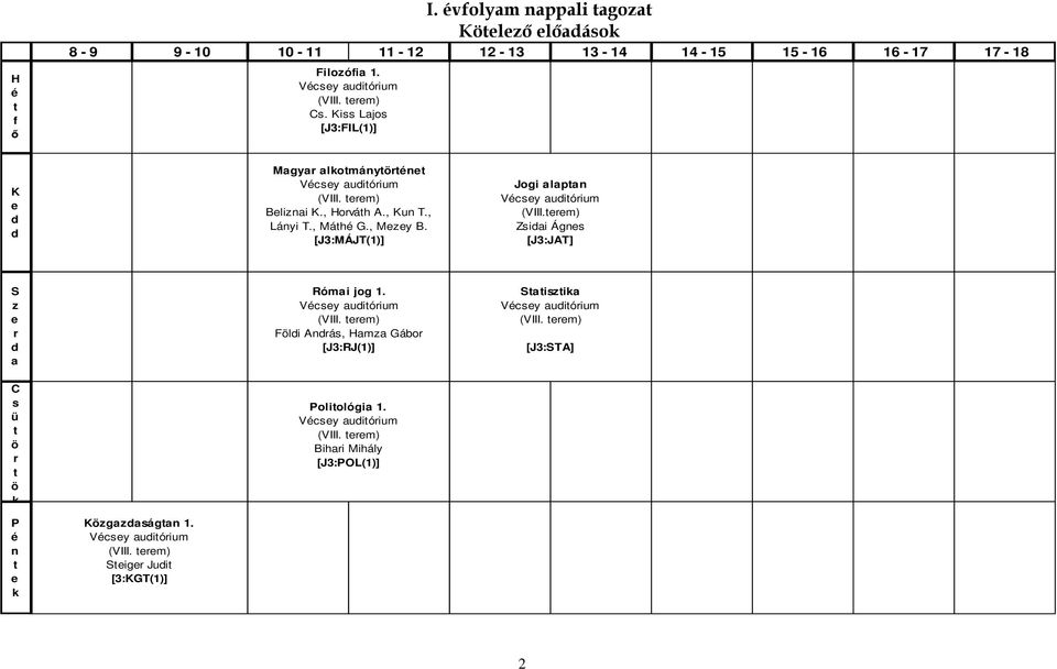 [J3:MÁJT(1)] Jogi alapan Vécsy auiórium (VIII.rm) Zsiai Ágns [J3:JAT] S z r a Római jog 1. Vécsy auiórium (VIII. rm) Föli Anrás, Hamza Gábor [J3:RJ(1)] Saiszika Vécsy auiórium (VIII.