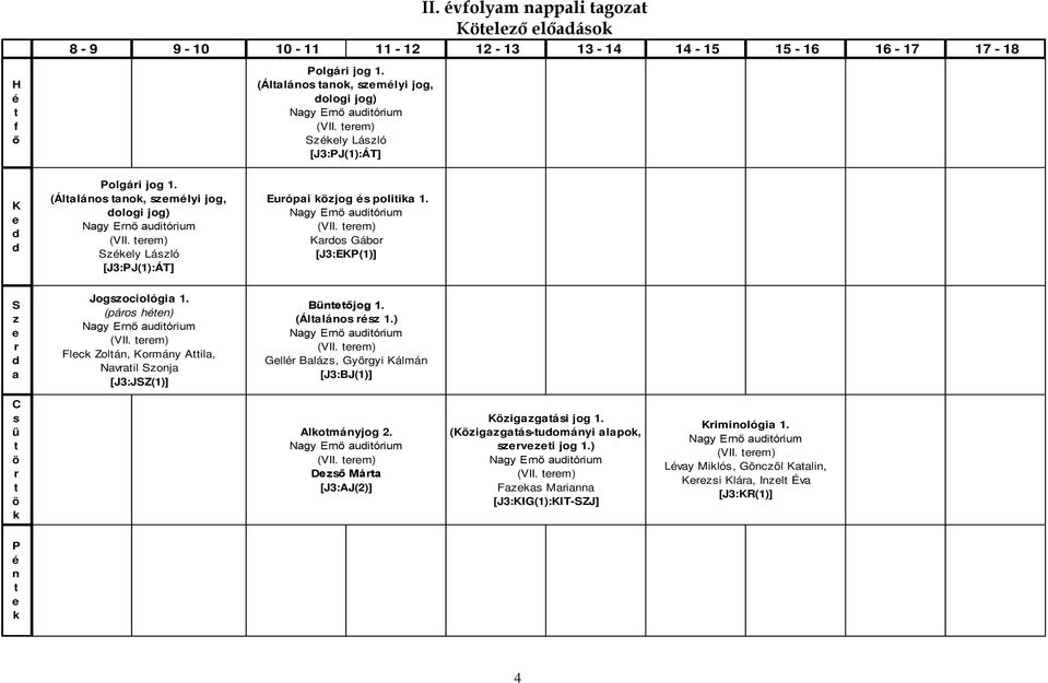 (páros hén) Nagy Ernő auiórium (VII. rm) Flck Zolán, Kormány Aila, Navrail Szonja [J3:JSZ(1)] Bünőjog 1. (Álalános rész 1.) Nagy Ernő auiórium (VII. rm) Gllér Balázs, Györgyi Kálmán [J3:BJ(1)] C s ü ö r ö k Alkományjog 2.