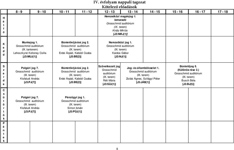Grosschmi auiórium (IX. rm) Kisfalui Anrás [J3:PJ(7)] Bünőljárási jog 2. Grosschmi auiórium (IX. rm) Eri Árpá, Kabói Csaba [J3:BE(2)] Szövkzi jog Grosschmi auiórium (IX.