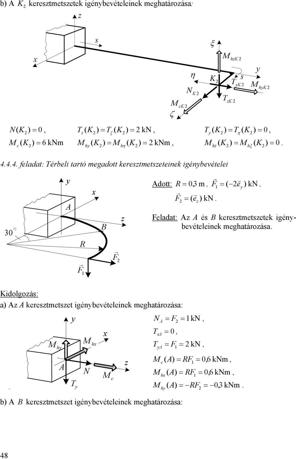 4.4. feladat: Térbeli tartó megadott keretmeteteinek igénbevételei 30 R F F dott: R = 03m,, F = ( e )kn, F = ( e )kn.