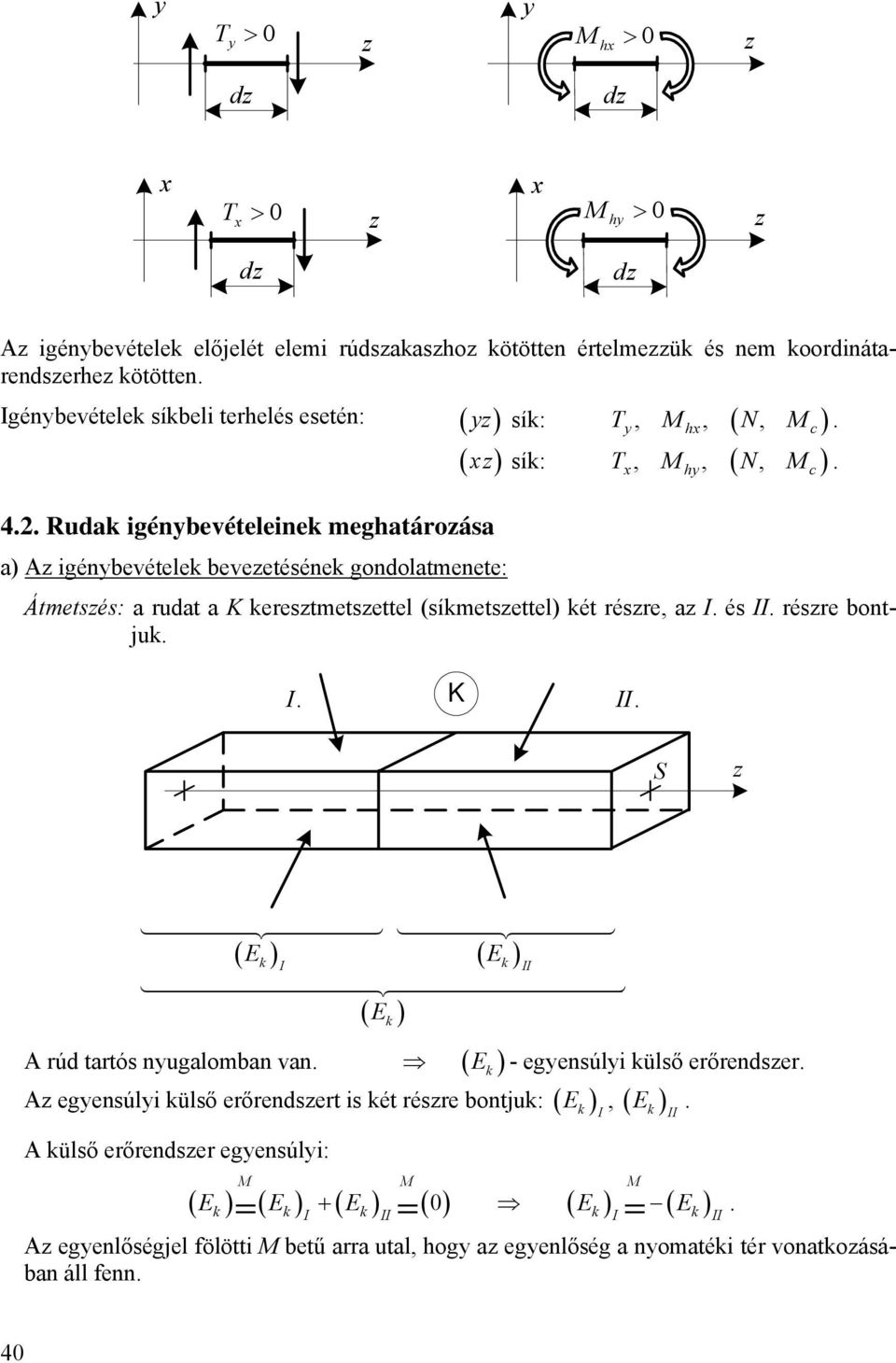 . Rudak igénbevételeinek meghatároáa a) igénbevételek beveetéének gondolatmenete: Átmeté: a rudat a K keretmetettel (íkmetettel) két rére, a I. é II. rére bontjuk. I. K II.