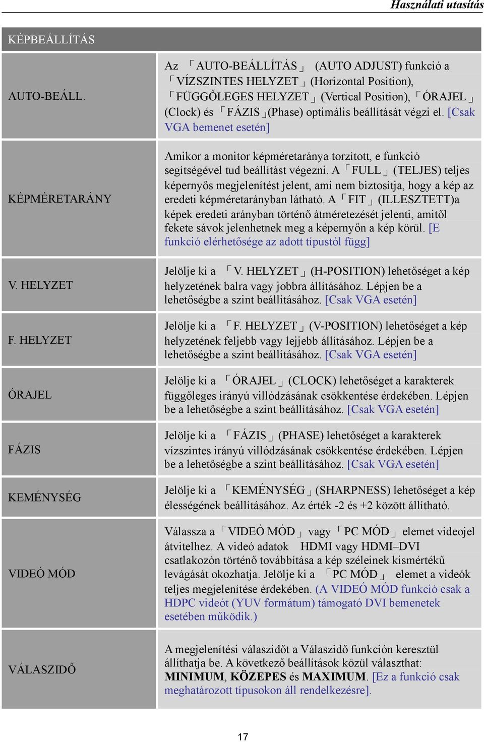 (Phase) optimális beállítását végzi el. [Csak VGA bemenet esetén] Amikor a monitor képméretaránya torzított, e funkció segítségével tud beállítást végezni.