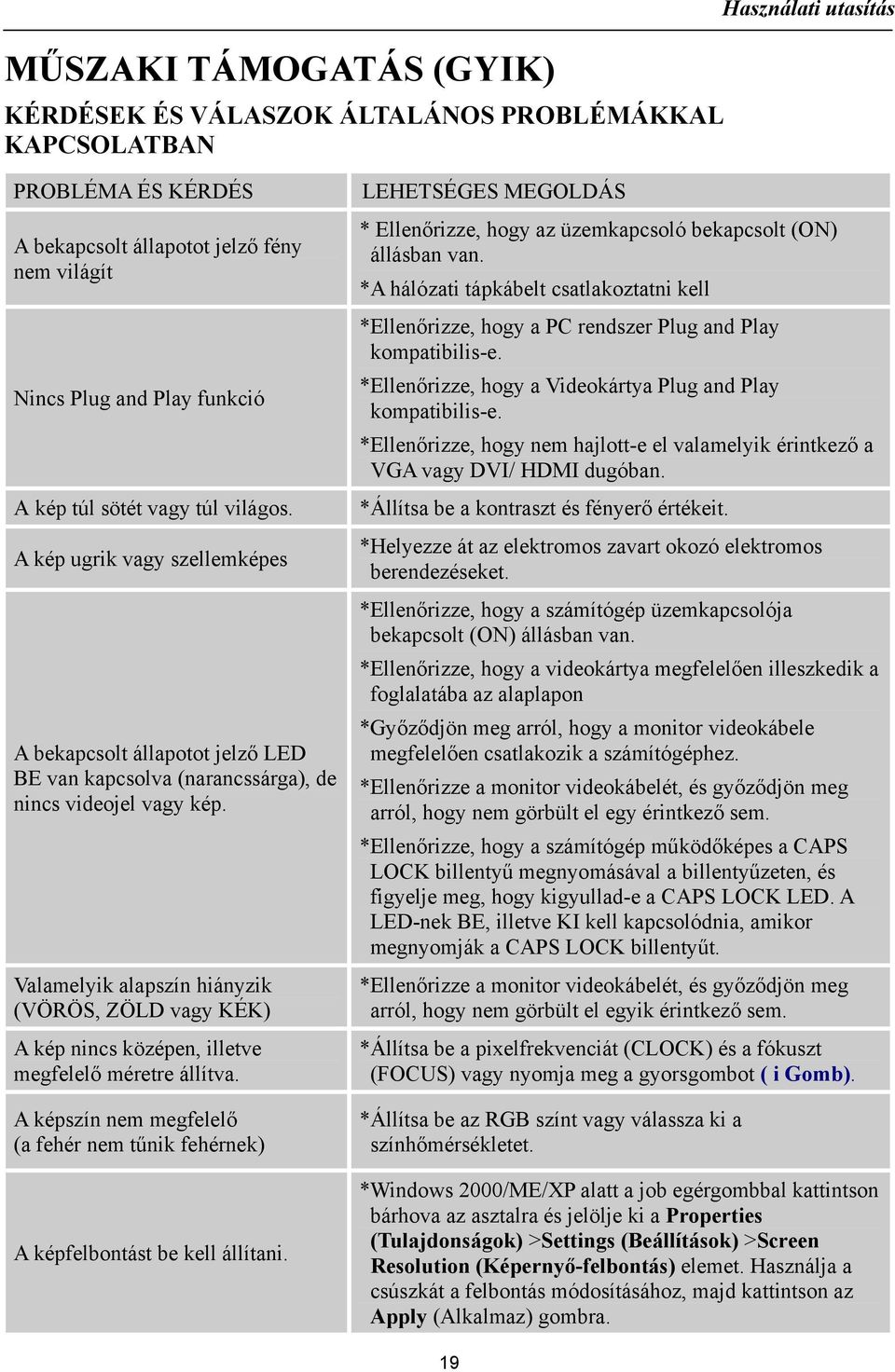 Valamelyik alapszín hiányzik (VÖRÖS, ZÖLD vagy KÉK) A kép nincs középen, illetve megfelelő méretre állítva. A képszín nem megfelelő (a fehér nem tűnik fehérnek) A képfelbontást be kell állítani.