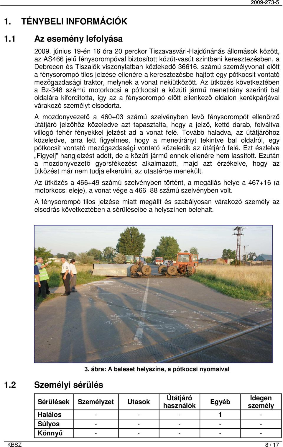 36616. számú személyvonat előtt a fénysorompó tilos jelzése ellenére a keresztezésbe hajtott egy pótkocsit vontató mezőgazdasági traktor, melynek a vonat nekiütközött.