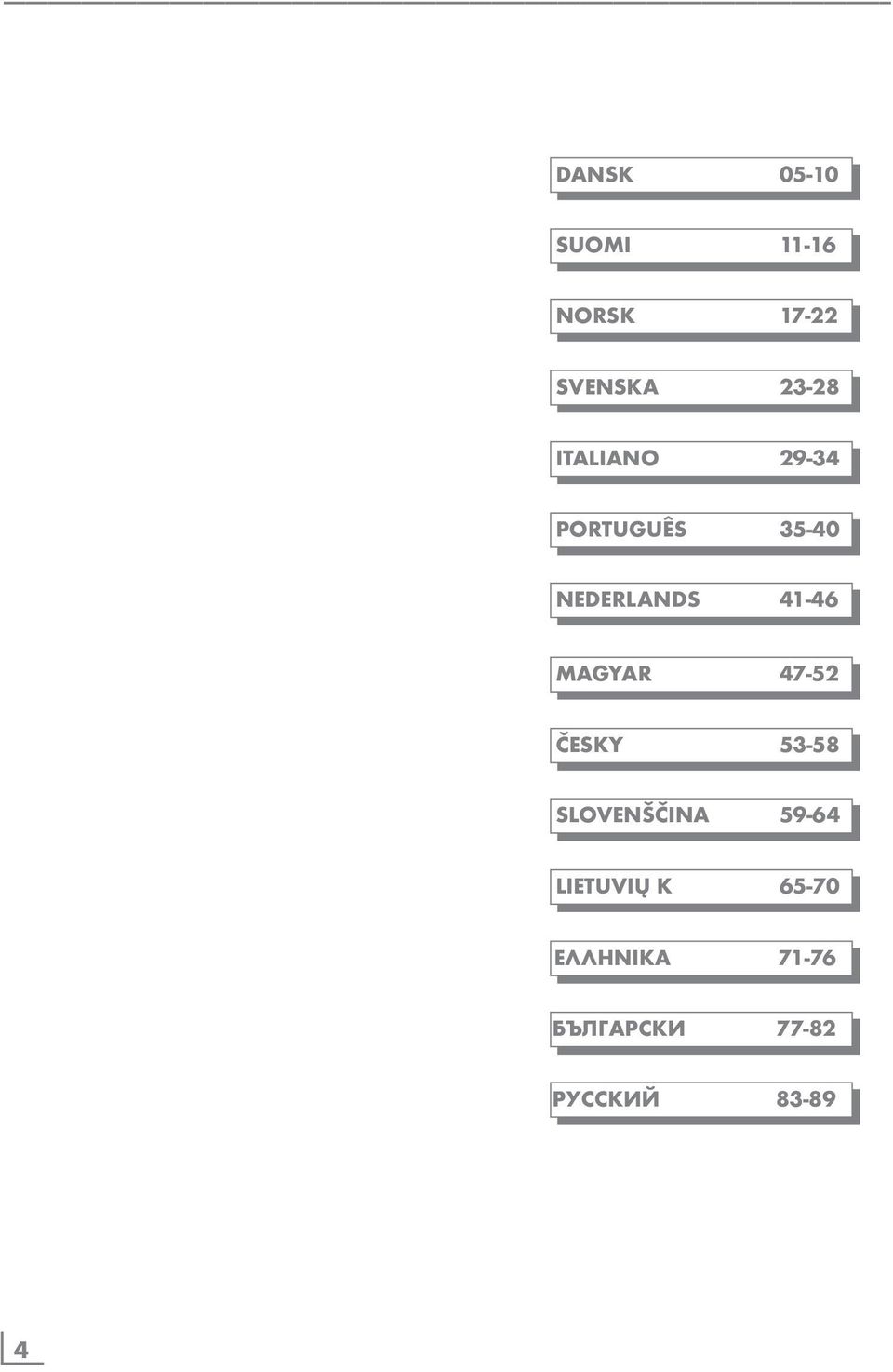 MAGYAR 47-52 ČESKY 53-58 SLOVENŠČINA 59-64