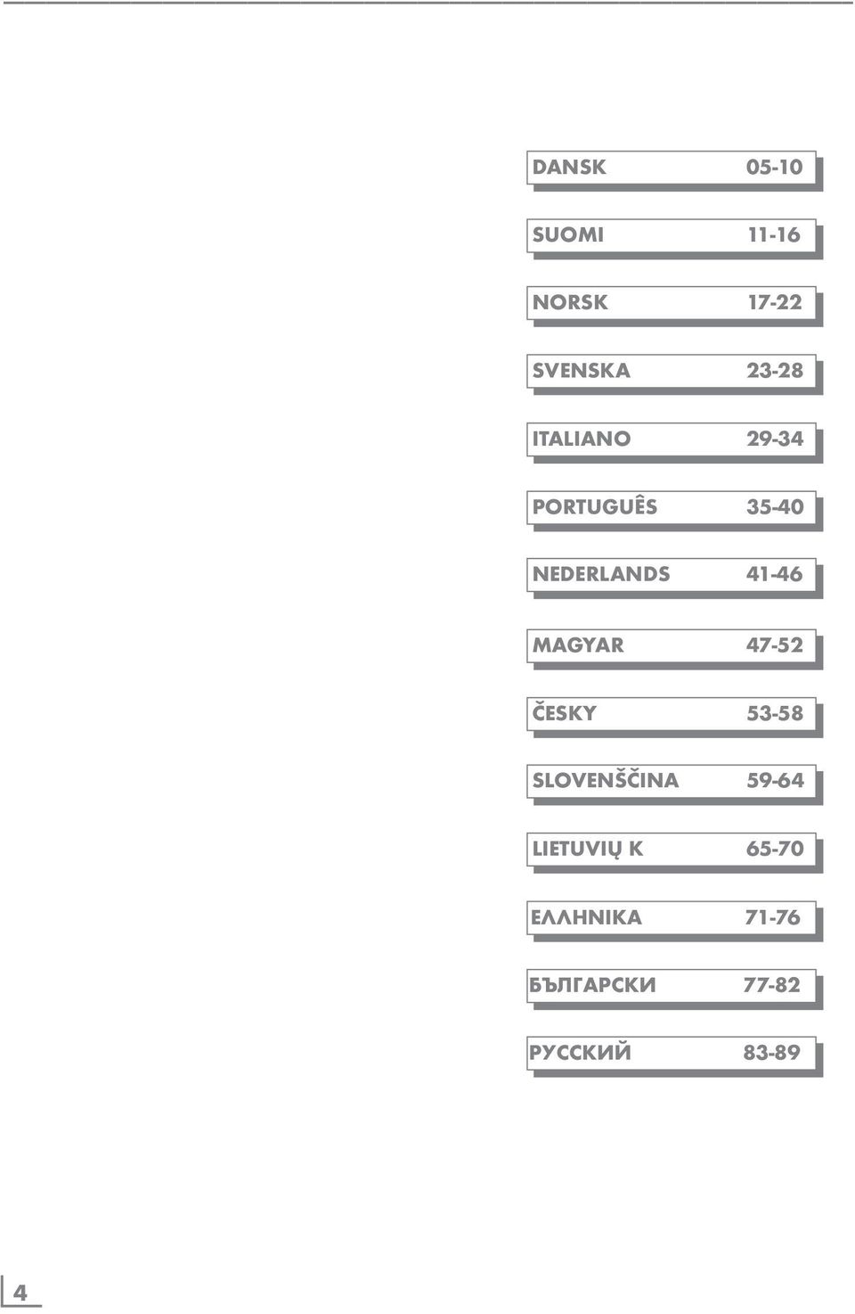 MAGYAR 47-52 ČESKY 53-58 SLOVENŠČINA 59-64