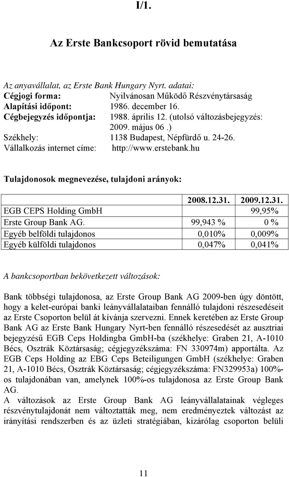 hu Tulajdonosok megnevezése, tulajdoni arányok: 2008.12.31. 2009.12.31. EGB CEPS Holding GmbH 99,95% Erste Group Bank AG.