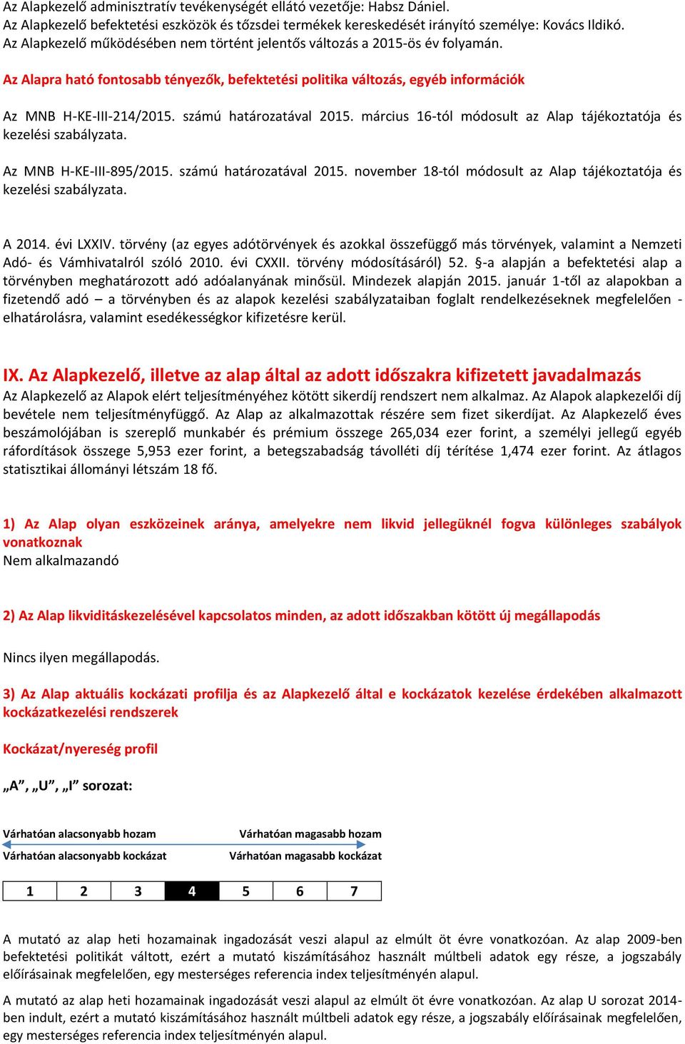 számú határozatával 2015. március 16-tól módosult az Alap tájékoztatója és kezelési szabályzata. Az MNB H-KE-III-895/2015. számú határozatával 2015.